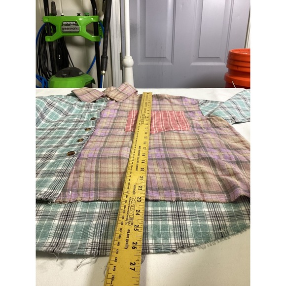 Colorblock Plaid Raw Hem Button Up Shirt Grunge Boho Oversized Size L - Picture 7 of 7
